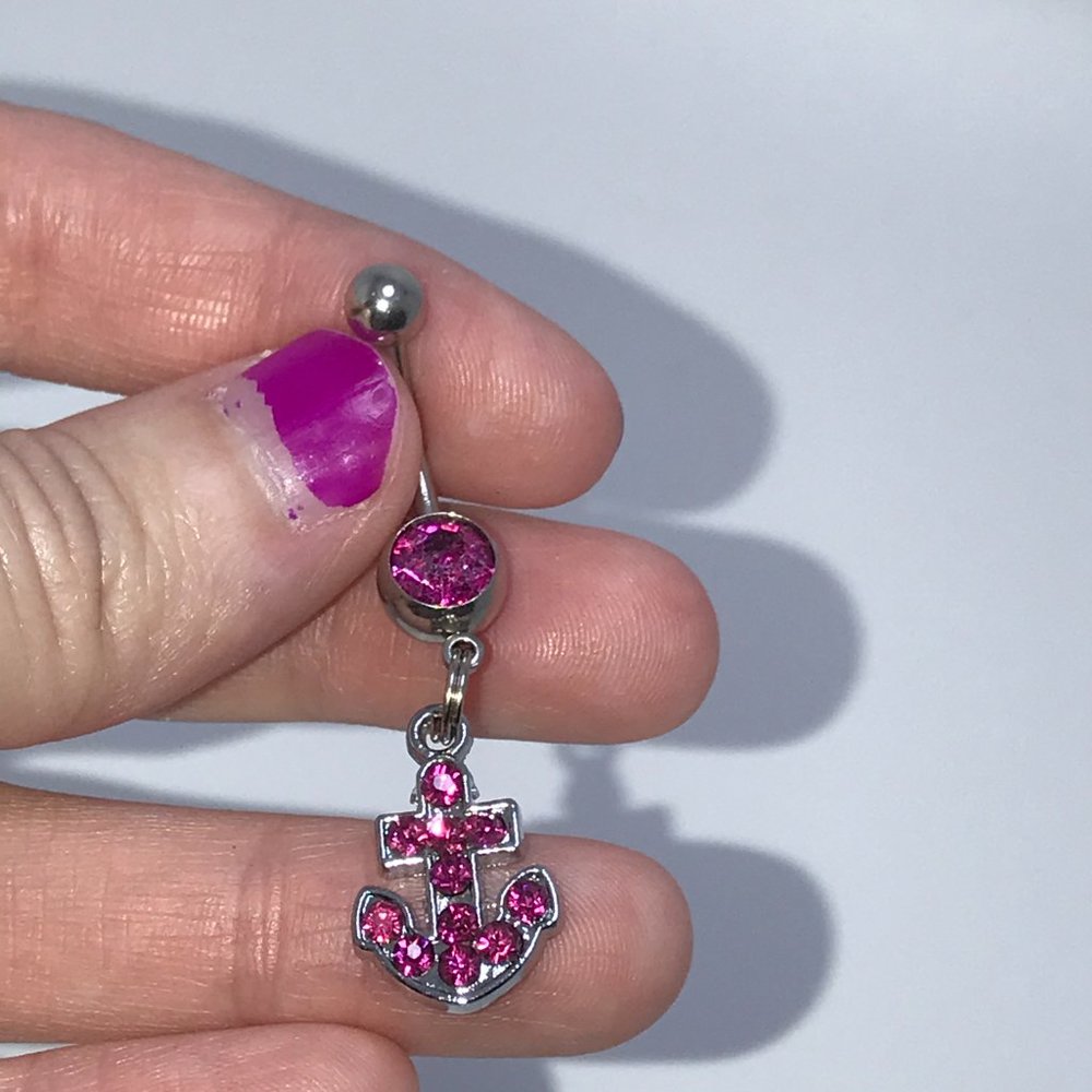 Hot Pink Rhinestone Anchor Design Dangle Belly Ring - Picture 2 of 4
